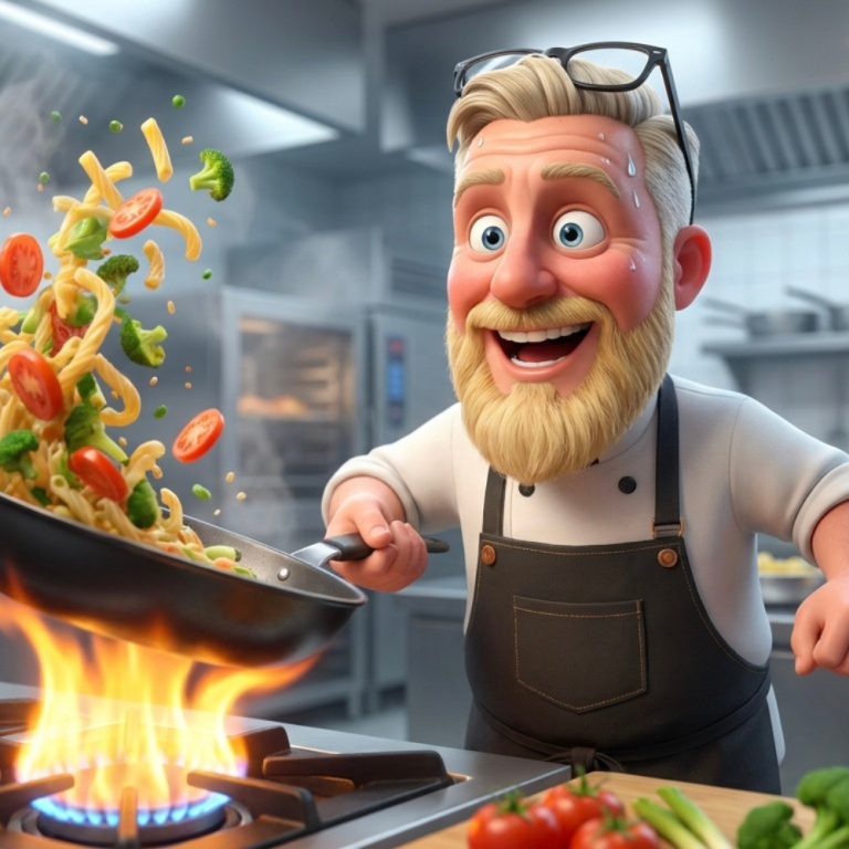 A cartoon of a chef in a busy kitchen tossing vegetables in a frying pan over a gas flame.
